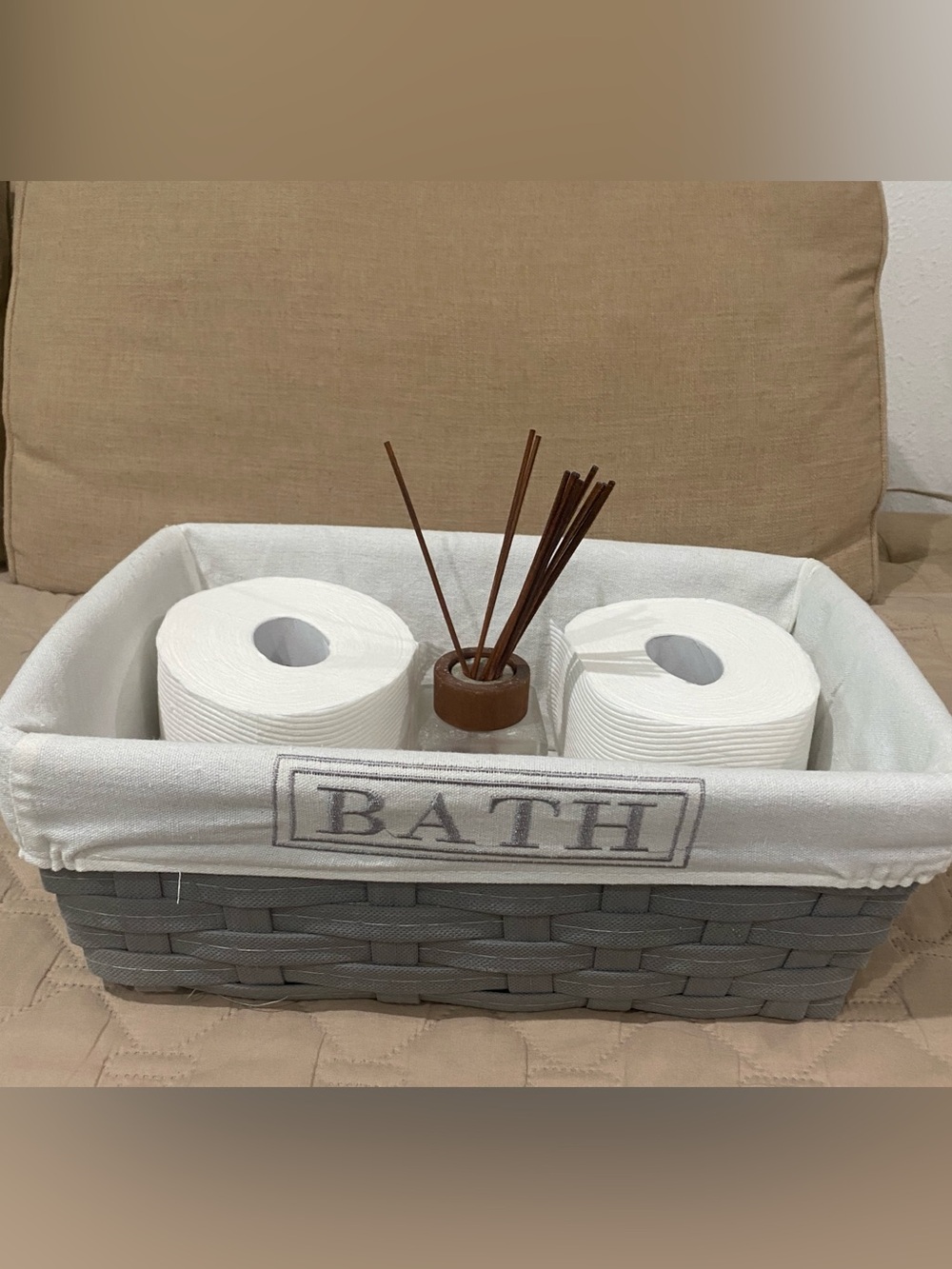 Gray Woven Strap Storage Basket with Embroidered "BATH" Fabric Liner